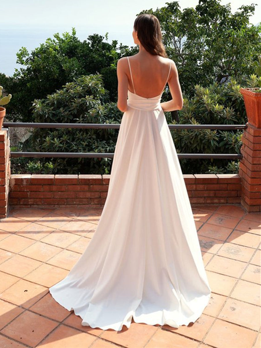 Vestido de fiesta formal de satén blanco sexy, largo, corte A, escote en V, espalda abierta y abertura