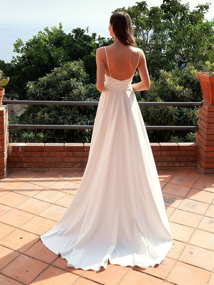 Vestido de fiesta formal de satén blanco sexy, largo, corte A, escote en V, espalda abierta y abertura