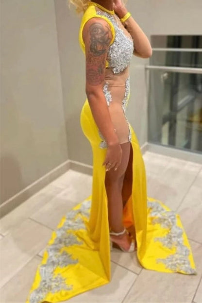 Sexy gelbes bodenlanges ärmelloses Meerjungfrau-Ballkleid aus Spitze mit Schlitz