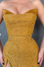 Vestido de fiesta de sirena sexy amarillo sin mangas con abertura lateral