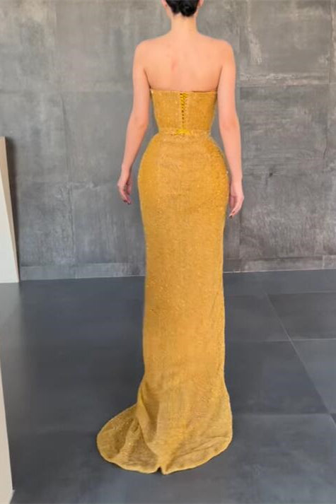 Sexy gelbes ärmelloses Meerjungfrau-Ballkleid mit Seitenschlitz