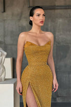 Vestido de fiesta de sirena sexy amarillo sin mangas con abertura lateral