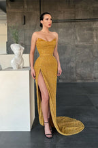 Vestido de fiesta de sirena sexy amarillo sin mangas con abertura lateral