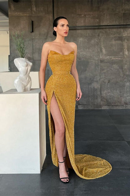 Sexy gelbes ärmelloses Meerjungfrau-Ballkleid mit Seitenschlitz