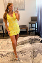 Vestido de fiesta amarillo sexy con escote en V, sin mangas, lentejuelas y espalda descubierta con encaje