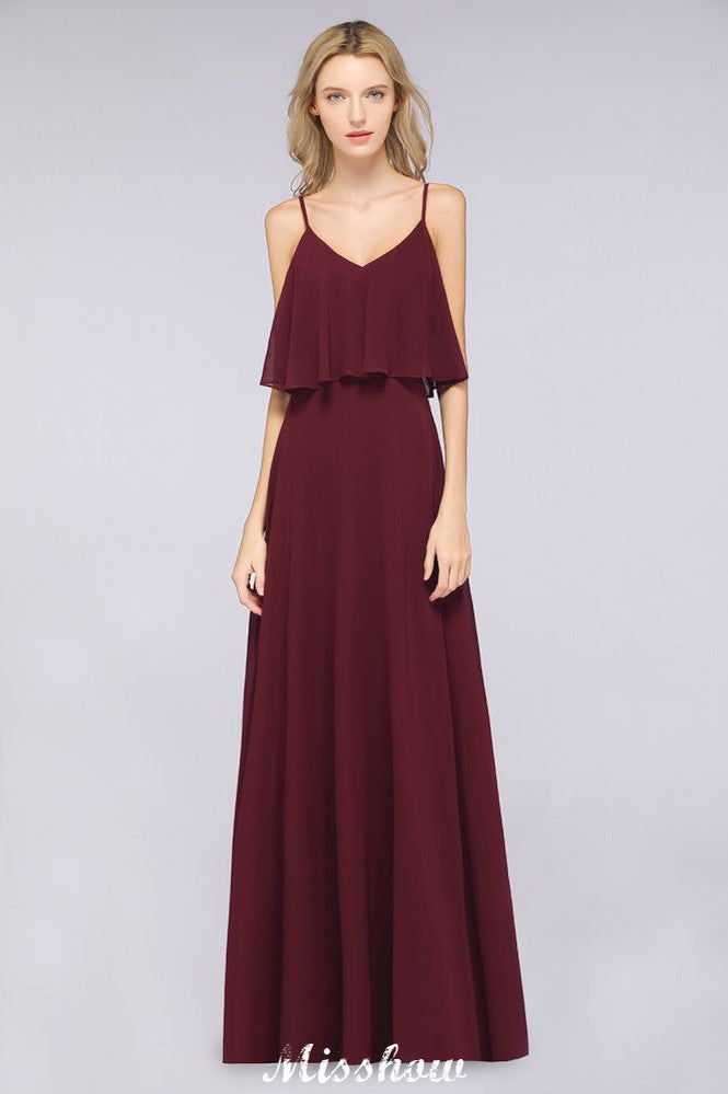 Shapghetti Burgunder Brautjungfernkleid Rückenfreies Chiffonkleid für Hochzeitsgäste