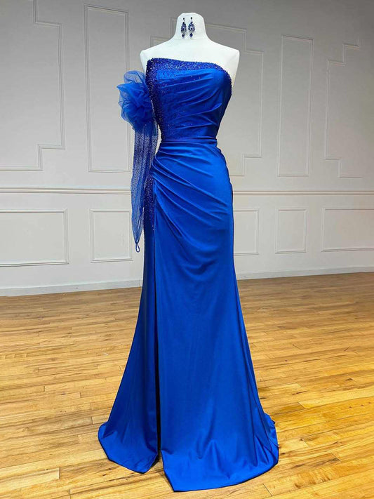 Sharice | Meerjungfrau-Ballkleid, trägerlos, mit Perlen besetzt, gerüscht, lang, mit Ärmeln