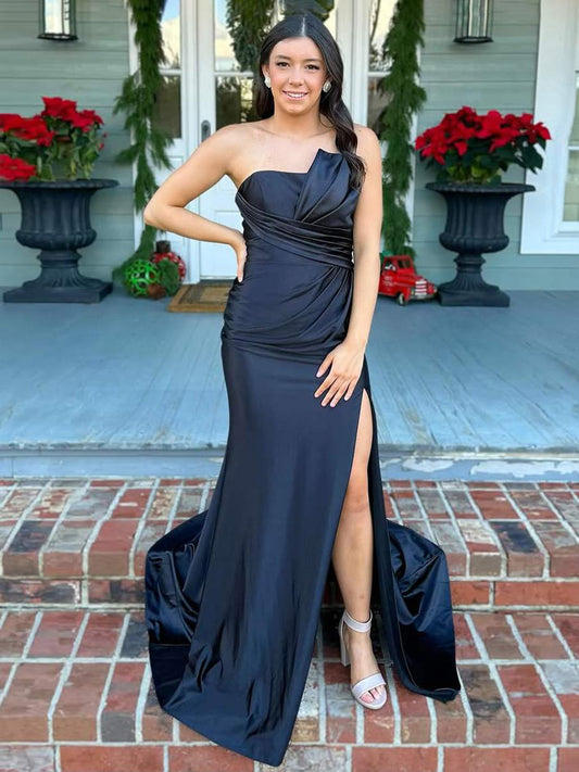 Shayna | Meerjungfrau-Falten-Trägerloses schwarzes langes Ballkleid mit Schlitz