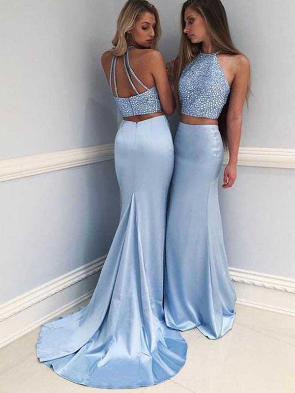 Vestido de fiesta de dos piezas de satén, sin mangas, con escote halter y cuentas