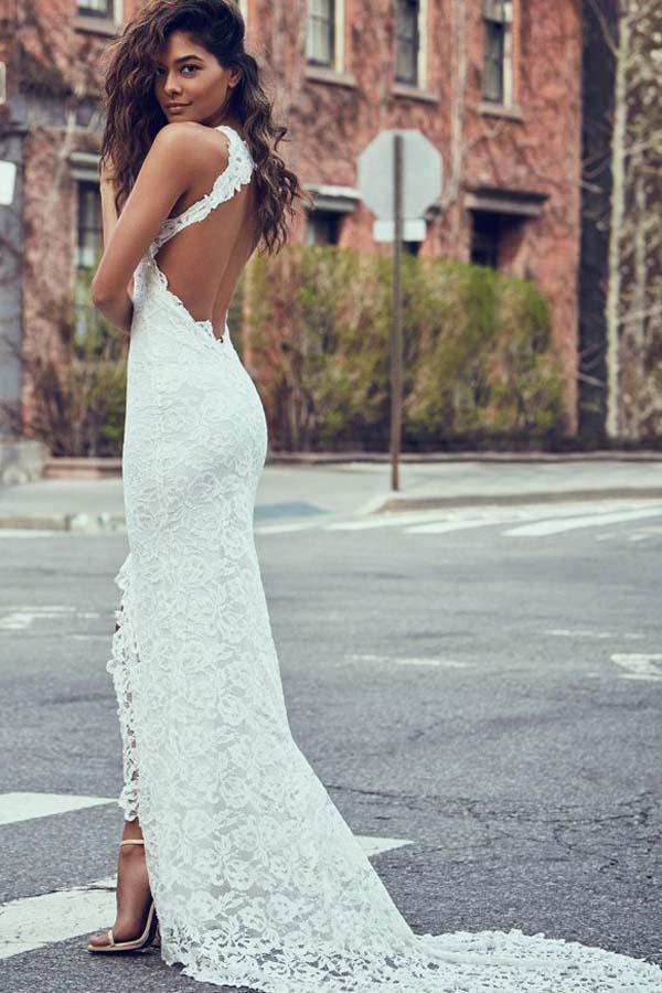 Vestido de novia de encaje con escote alto, cola larga y espalda abierta, WD397