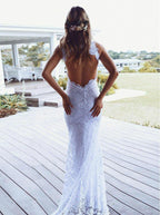 Sheath High Neck Sweep Train Open Back Lace Wedding Dress with Split  WD397