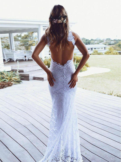 Vestido de novia de encaje con escote alto, cola larga y espalda abierta, WD397
