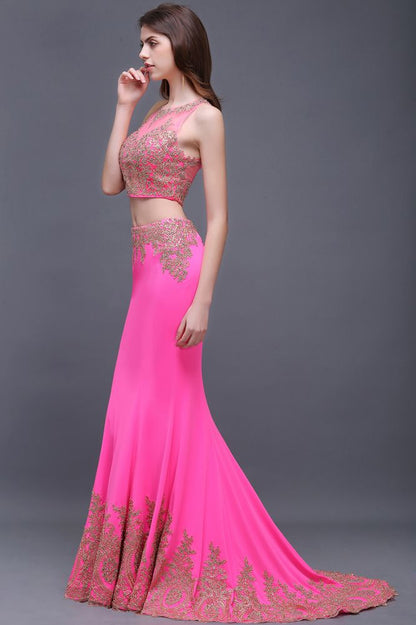 Vestidos de fiesta fucsia con corte tubo, corte redondo y satén elástico