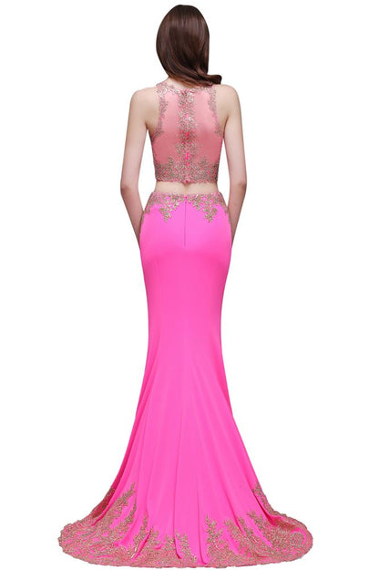 Vestidos de fiesta fucsia con corte tubo, corte redondo y satén elástico