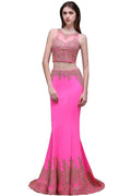 Sheath Round Satin Stretch Fuschia Prom Dresses