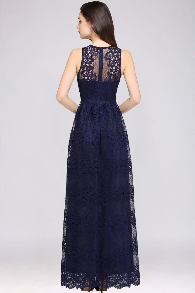 Bodenlanges, marineblaues Ballkleid mit V-Ausschnitt und Spitze
