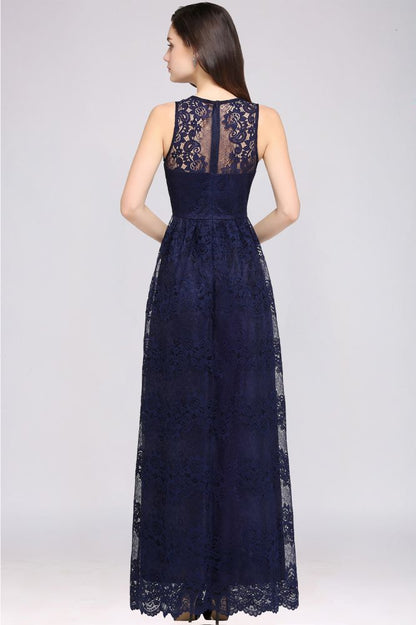 Bodenlanges, marineblaues Ballkleid mit V-Ausschnitt und Spitze