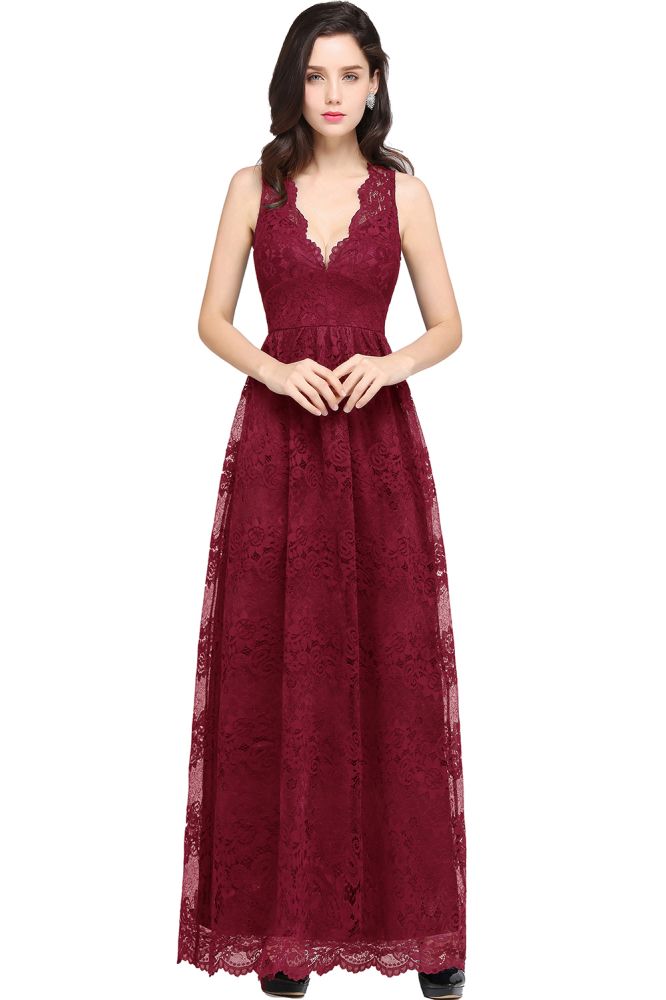 Bodenlanges, marineblaues Ballkleid mit V-Ausschnitt und Spitze