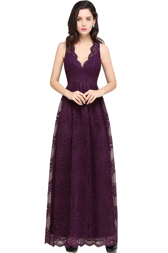 Bodenlanges, marineblaues Ballkleid mit V-Ausschnitt und Spitze