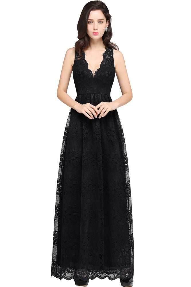 Bodenlanges, marineblaues Ballkleid mit V-Ausschnitt und Spitze
