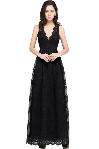 Bodenlanges, marineblaues Ballkleid mit V-Ausschnitt und Spitze