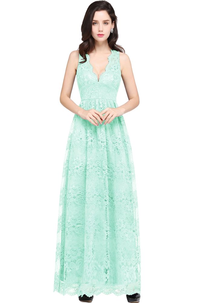 Bodenlanges, marineblaues Ballkleid mit V-Ausschnitt und Spitze