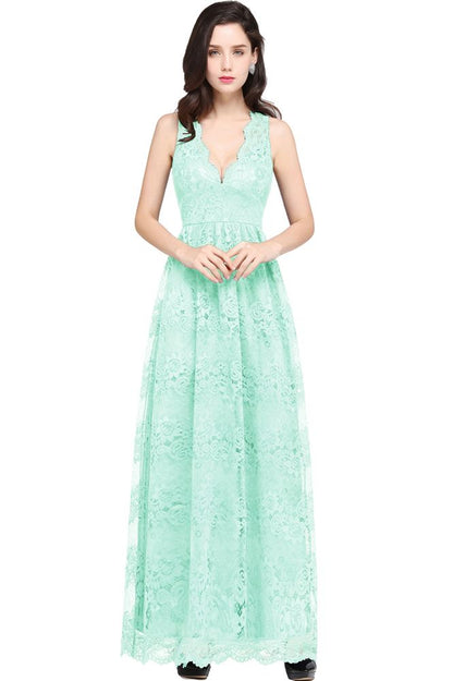 Bodenlanges, marineblaues Ballkleid mit V-Ausschnitt und Spitze