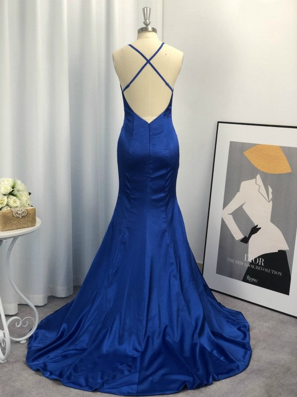 Sheath V-neck Sleeveless With Ruched Elastic Woven Satin Prom Dresses