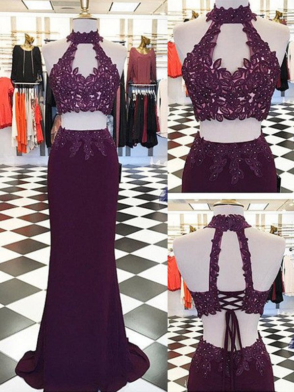 Vestido de fiesta de dos piezas de licra, sin mangas, con escote halter, apliques y corte tubo/columna