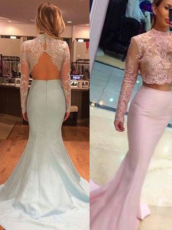 Vestido de fiesta de dos piezas de satén con cuello alto, mangas largas y corte tubo/columna