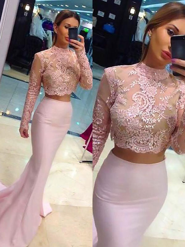 Vestido de fiesta de dos piezas de satén con cuello alto, mangas largas y corte tubo/columna