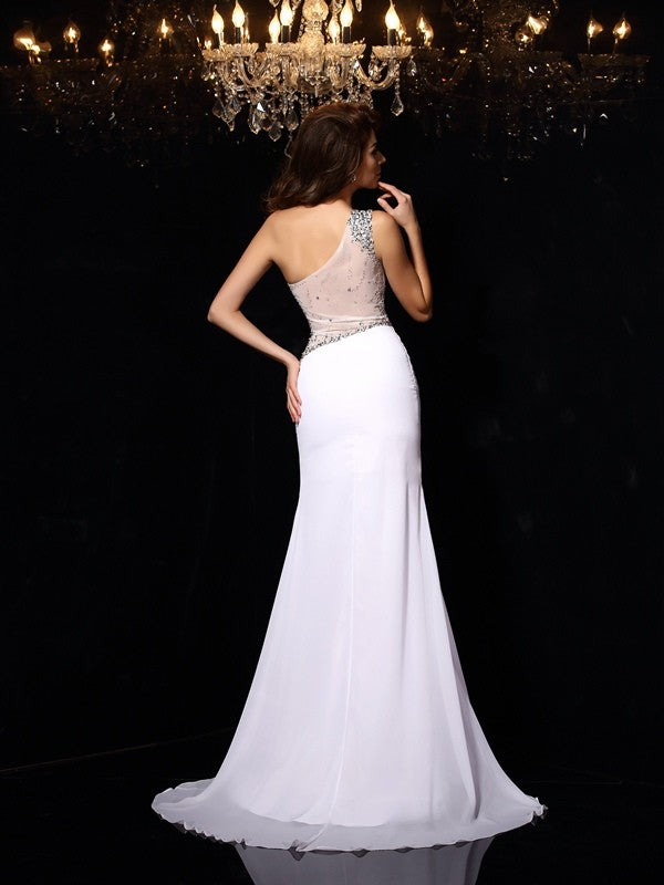 Etui-Linie One-Shoulder-Träger Perlen verziert Ärmellos Lange Chiffon Ballkleider