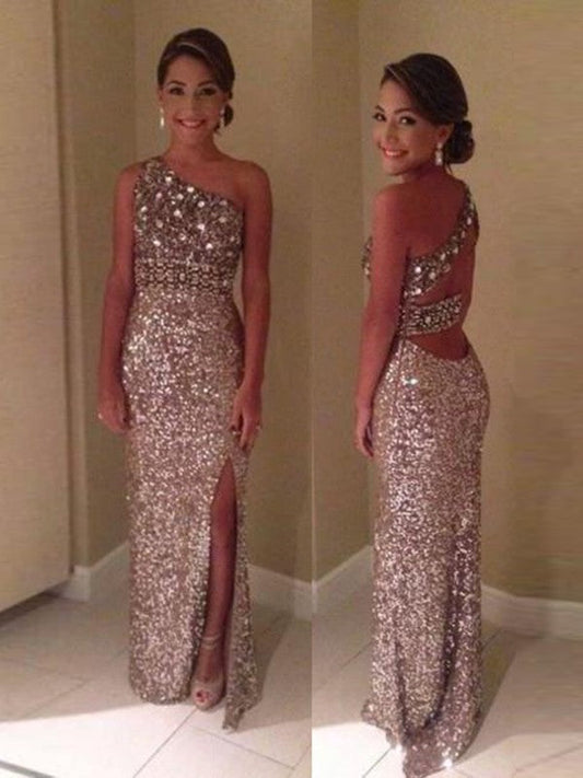 Sheath/Column One-Shoulder Sleeveless Sequins Floor-Length Prom Dresses