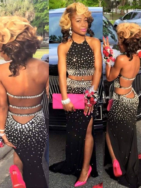 Vestidos de fiesta de dos piezas de gasa con cuello halter, sin mangas y corte tubo/columna