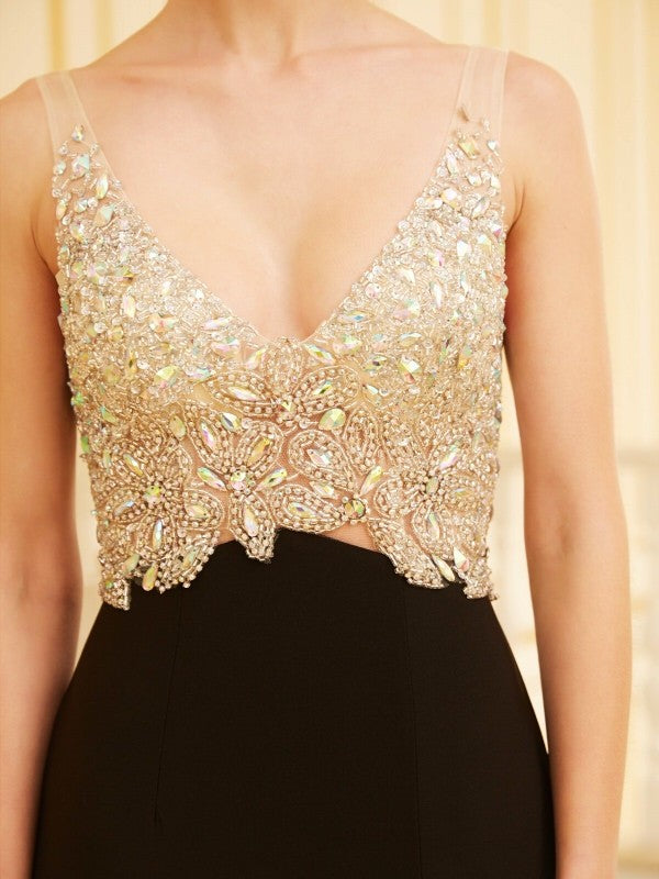 Vestidos de fiesta de licra, sin mangas, con escote en V y cuentas, con corte tubo/columna