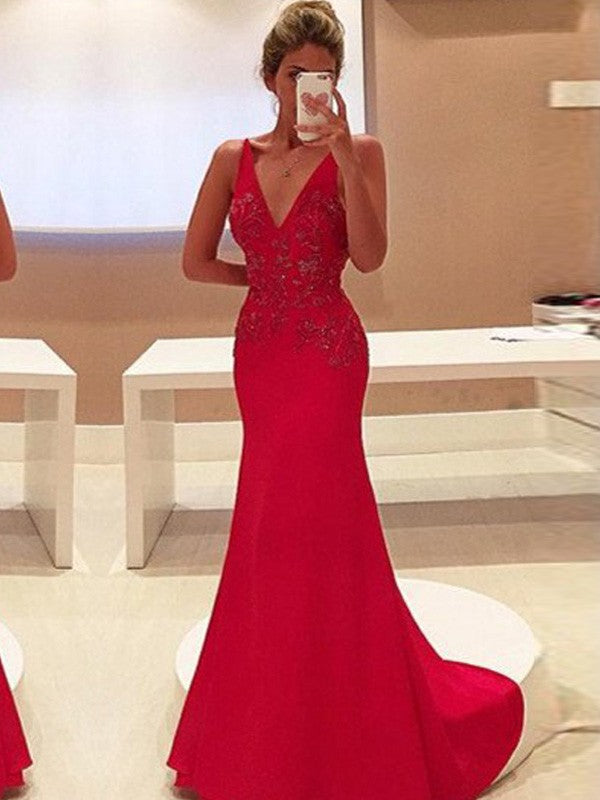 Vestidos de fiesta de crepé elástico con apliques y escote en V sin mangas y corte tubo/columna
