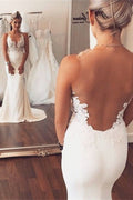 Vestido de novia de sirena con espalda transparente y sin mangas de encaje para verano, para playa