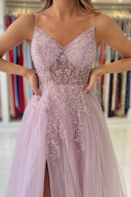 Schimmerndes rosa Spaghettiträger-ärmelloses Säulen-Tüll-Bodenlanges Ballkleid mit Perlenbesatz