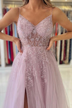 Schimmerndes rosa Spaghettiträger-ärmelloses Säulen-Tüll-Bodenlanges Ballkleid mit Perlenbesatz