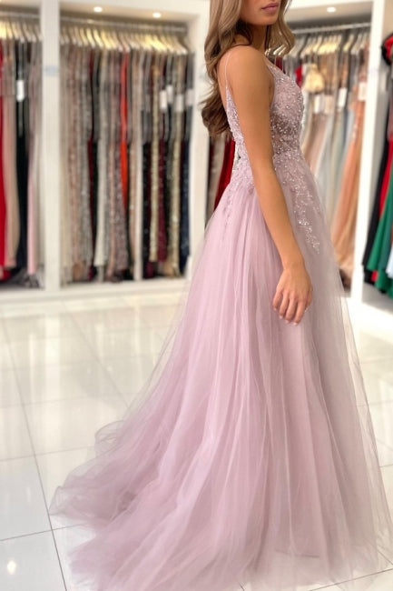 Schimmerndes rosa Spaghettiträger-ärmelloses Säulen-Tüll-Bodenlanges Ballkleid mit Perlenbesatz