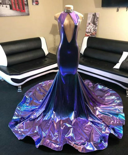 Shimmers Purple High-neck V-neck Sleeveless Column Mermaid Wedding Dresses