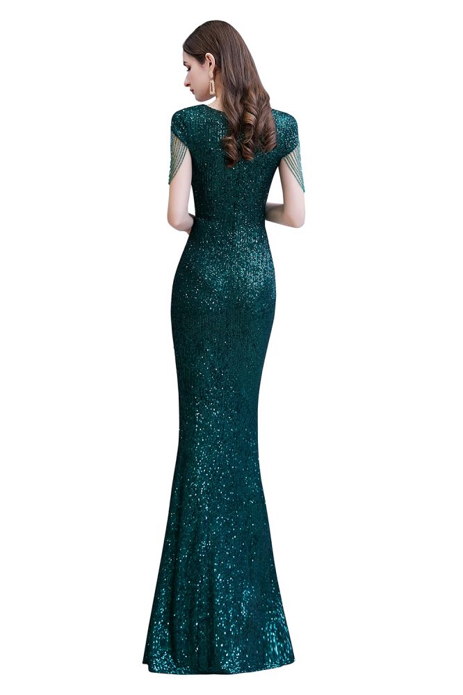 Smaragdgrünes Abendkleid im Meerjungfrauen-Stil mit glänzenden Pailletten und Quastenärmeln