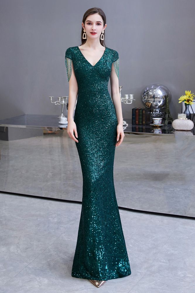 Smaragdgrünes Abendkleid im Meerjungfrauen-Stil mit glänzenden Pailletten und Quastenärmeln