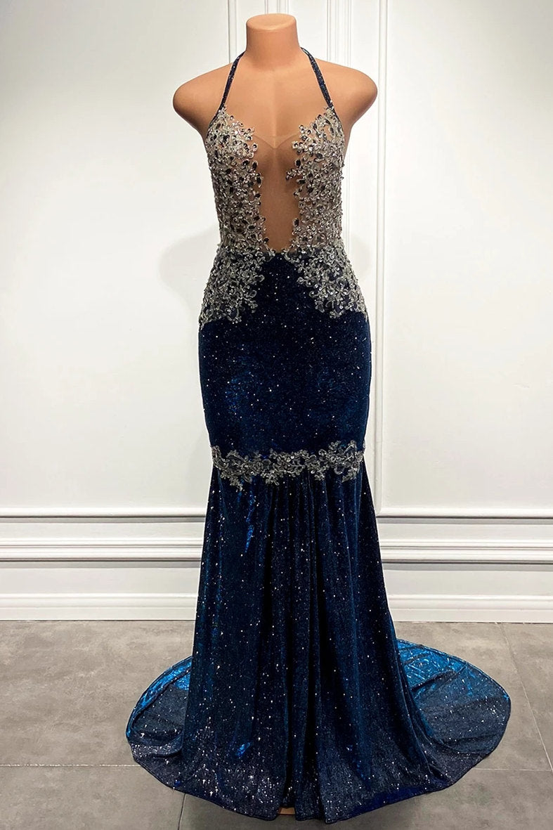 Vestidos de fiesta de sirena con escote en V, sin mangas y hasta el suelo con lentejuelas brillantes