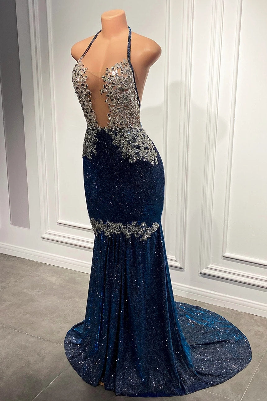 Vestidos de fiesta de sirena con escote en V, sin mangas y hasta el suelo con lentejuelas brillantes
