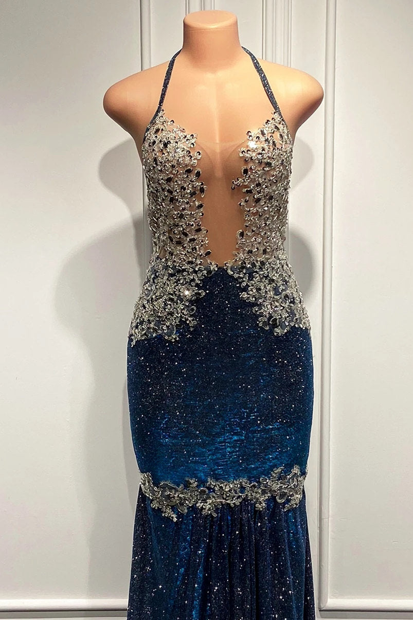 Vestidos de fiesta de sirena con escote en V, sin mangas y hasta el suelo con lentejuelas brillantes