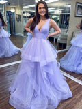 Vestidos de noche formales de fiesta largos de tul esponjoso con escote en V y línea A brillante