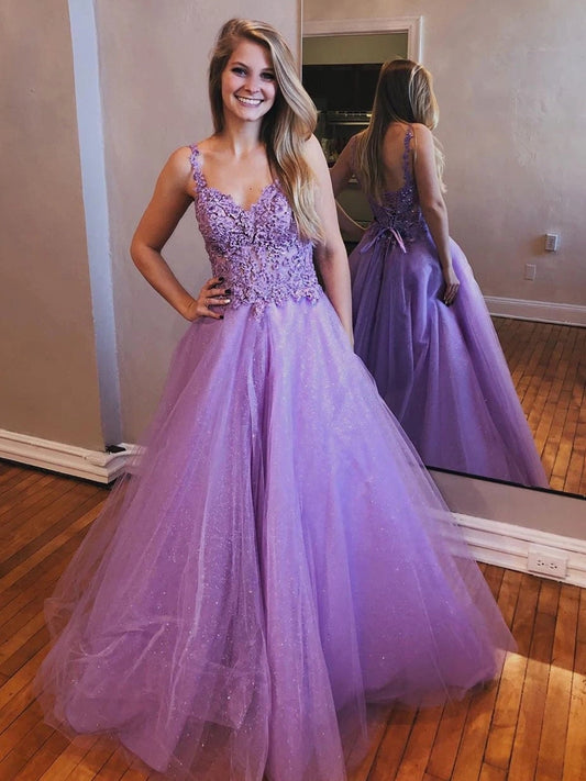 Glänzendes A-Linien-Kleid mit V-Ausschnitt und offenem Rücken aus Tüllspitze, langes Ball- und Abendkleid