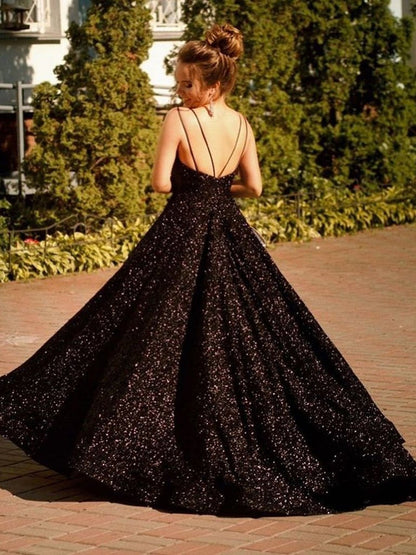 Glänzendes schwarzes langes rückenfreies A-Linien-Ballkleid mit V-Ausschnitt und Pailletten