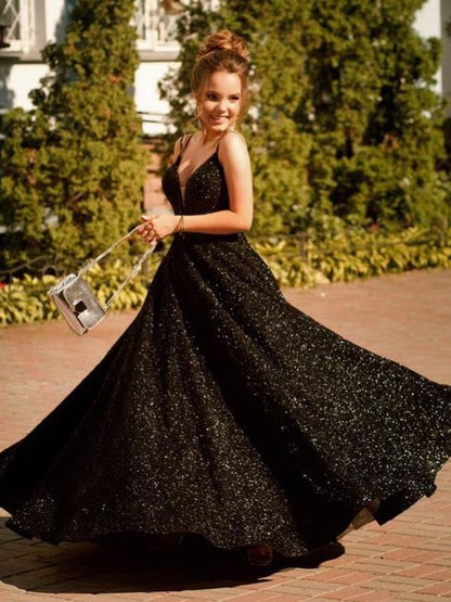 Glänzendes schwarzes langes rückenfreies A-Linien-Ballkleid mit V-Ausschnitt und Pailletten